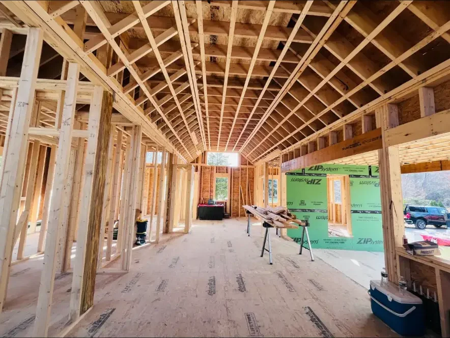 Vaulted ceiling framing under construction